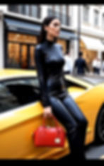 Beautiful Lamborghini with stunning model in fine leather holding Vivien Lauren leather handbag