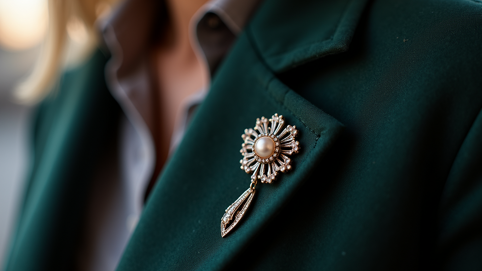 Eye-level view of a stylish vintage brooch on a jacket