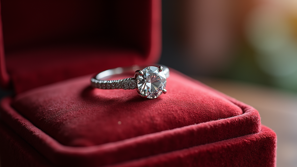 Eye-level view of a sparkling diamond ring displayed on a velvet cushion