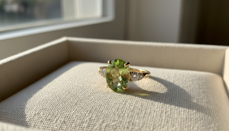 Close-up view of a peridot ring resting on a soft linen jewelry tray.