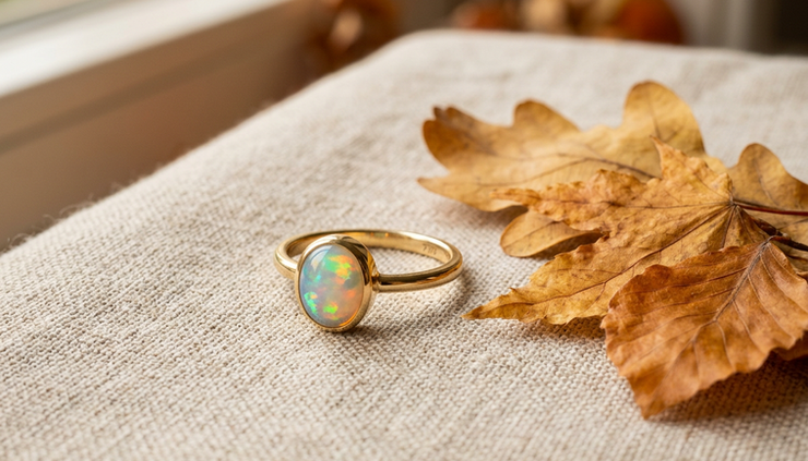 Eye-level view of an opal ring glowing beside dried autumn leaves.
