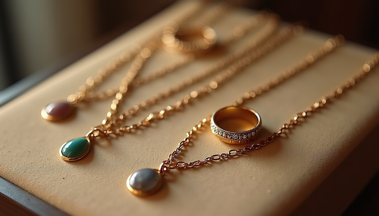 High angle view of a stylish jewelry display featuring layered necklaces and stacked rings