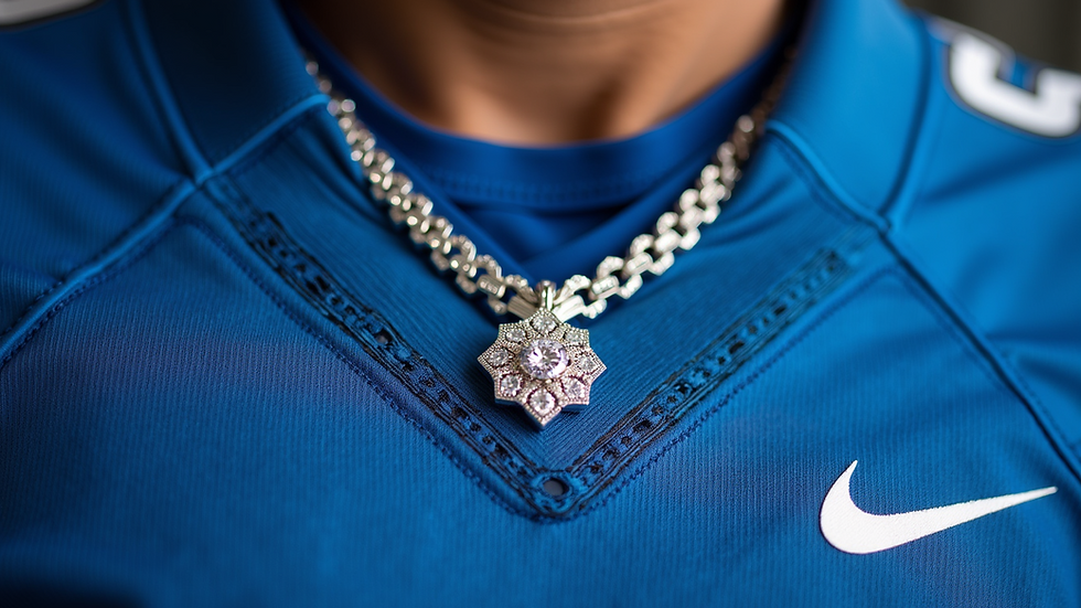 Close-up view of a diamond necklace paired with a Detroit Lions jersey