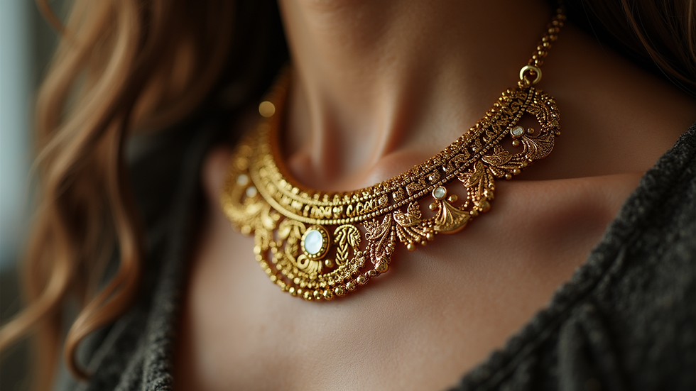 Close-up view of a vintage gold necklace with intricate designs
