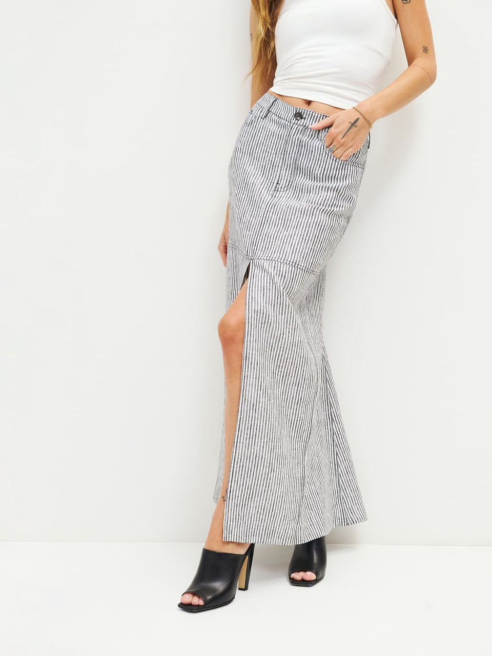 midi stripe denim skirt