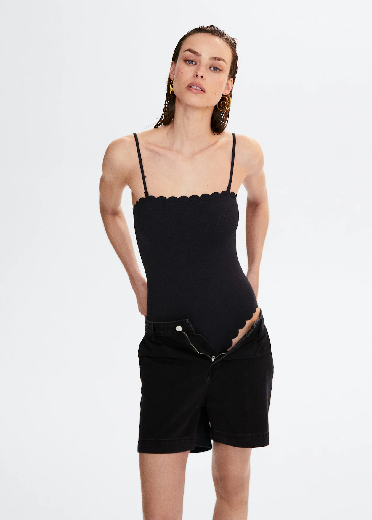 black textured swimsuit with removable straps 