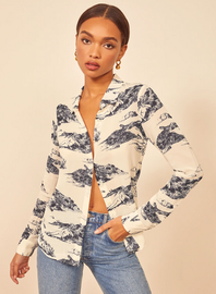 blue and white print blouse