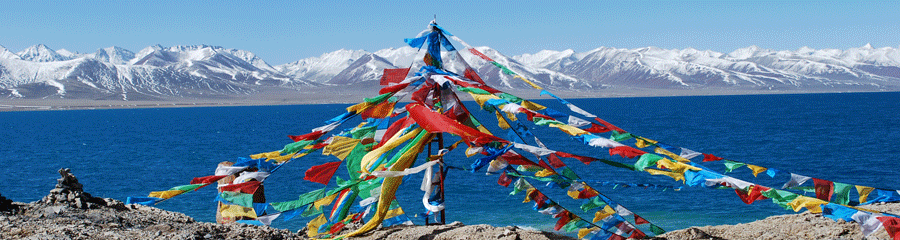 bandiere tibetane con la catena himalayana sullo sfondo