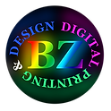 Circular logo "DESIGN DIGITAL & PRINTING" and "BZ" in rainbow gradient colors.