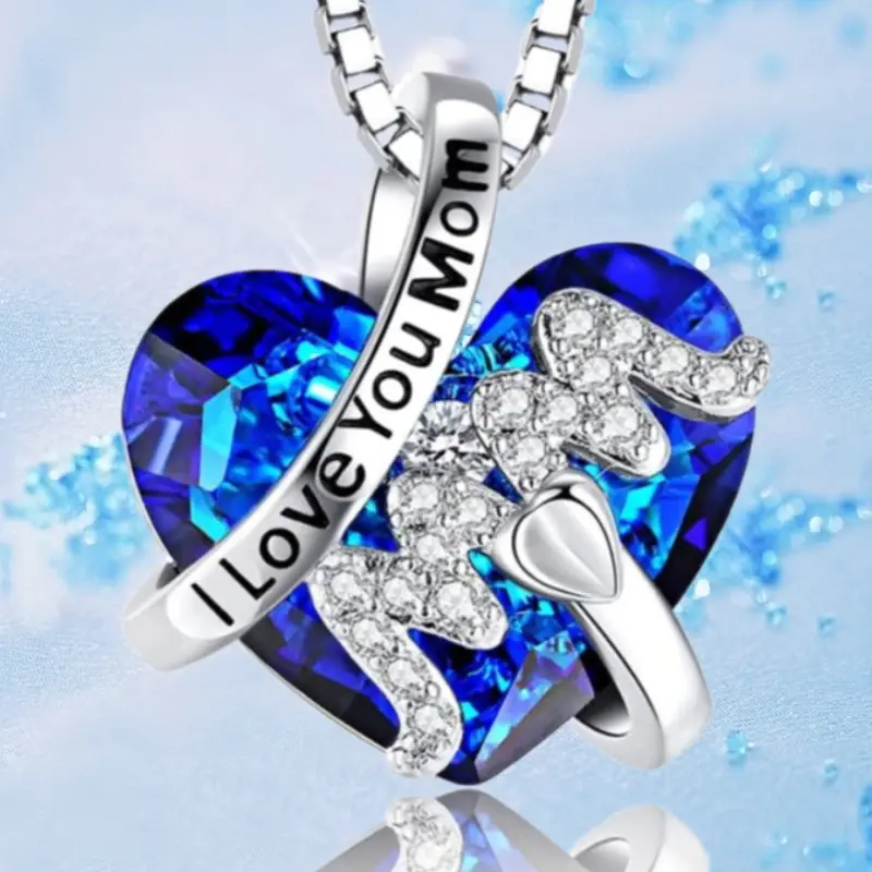 Thumbnail: Luxury Fashion "Mom" Pendant Necklace Red Blue Heart Crystal Jewelry