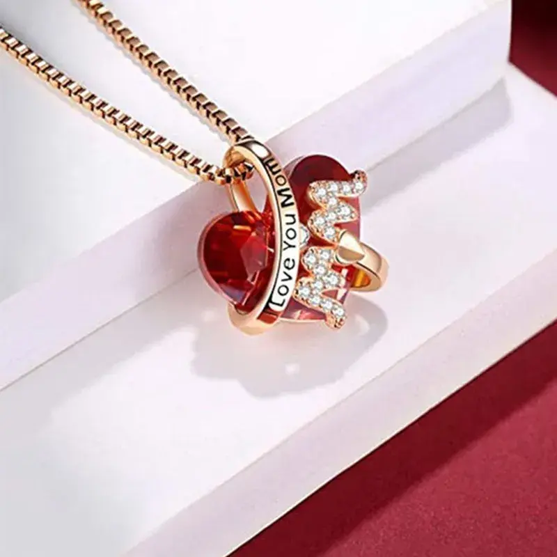 Thumbnail: Luxury Fashion "Mom" Pendant Necklace Red Blue Heart Crystal Jewelry
