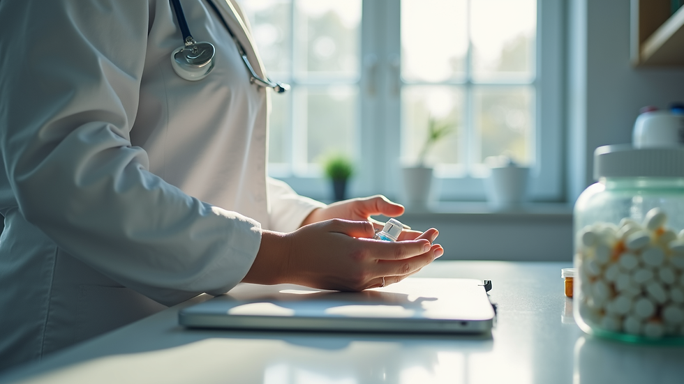 Close-up view of a caregiver organizing medication in a bright kitchen
