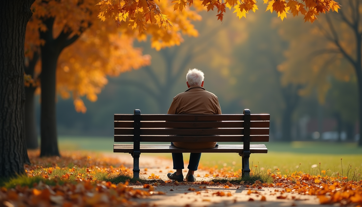 Eye-level view of a senior sitting alone on a park bench during autumn