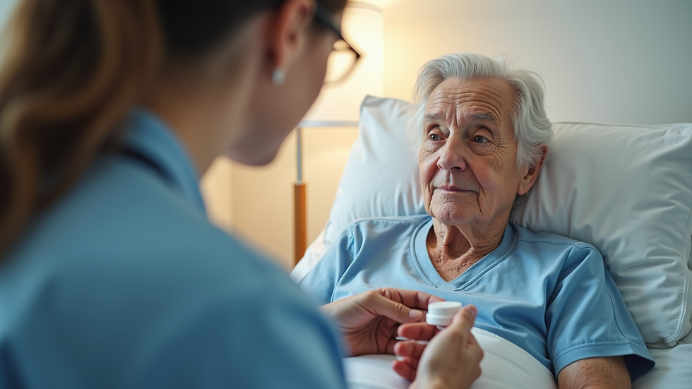 Eye-level view of a caregiver checking a senior’s medication at bedside