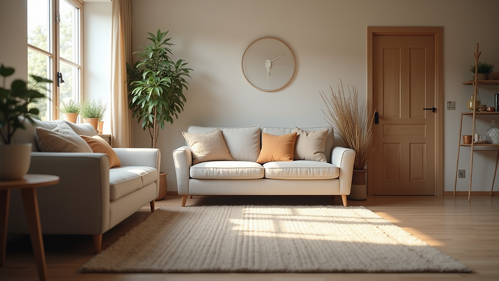 Eye-level view of a cozy senior living room with comfortable seating