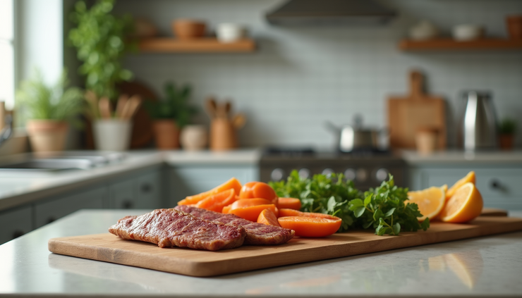 Eye-level view of a kitchen counter with a simple, nutritious meal prepared for a senior