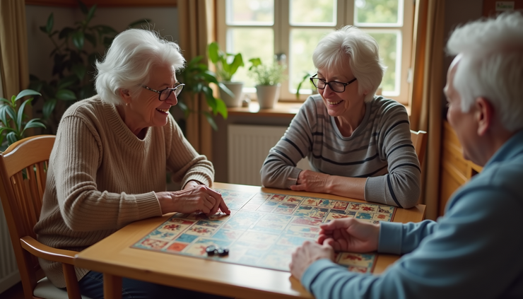 High angle view of a caregiver and senior sharing a board game at home
