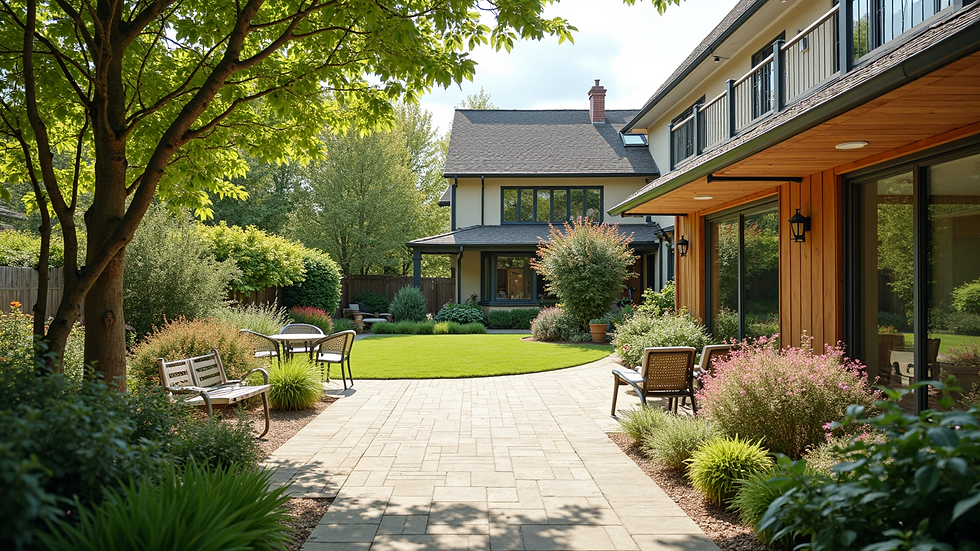 Wide angle view of a secure outdoor garden area designed for memory care residents