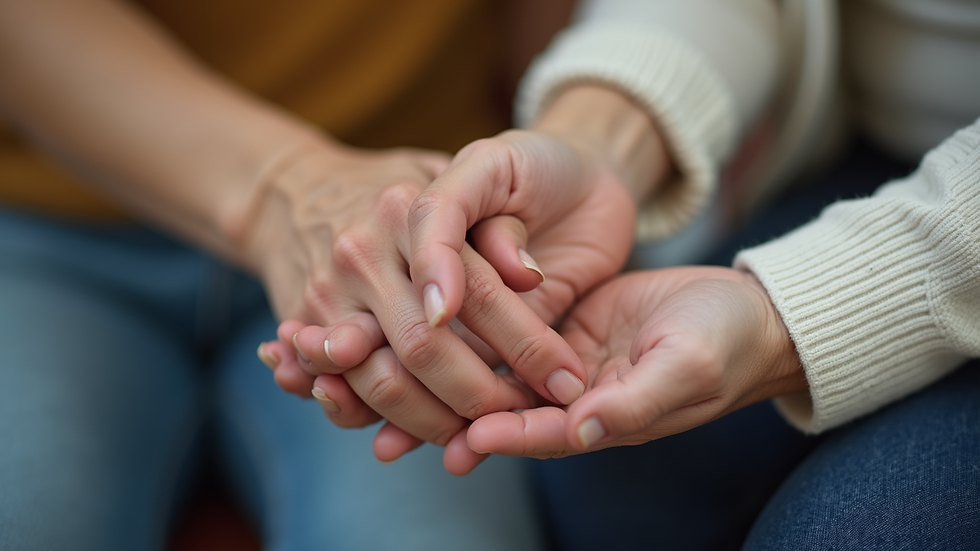 Close-up view of a caregiver’s hand holding a senior’s hand in a comforting gesture
