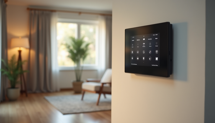 Eye-level view of a smart home control panel on a wall in a senior's living room