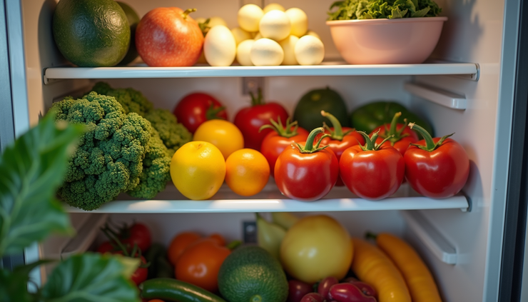 High angle view of a well-stocked refrigerator with fresh fruits and vegetables suitable for seniors