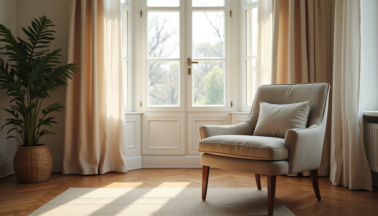 Eye-level view of a cozy living room with a single armchair near a window