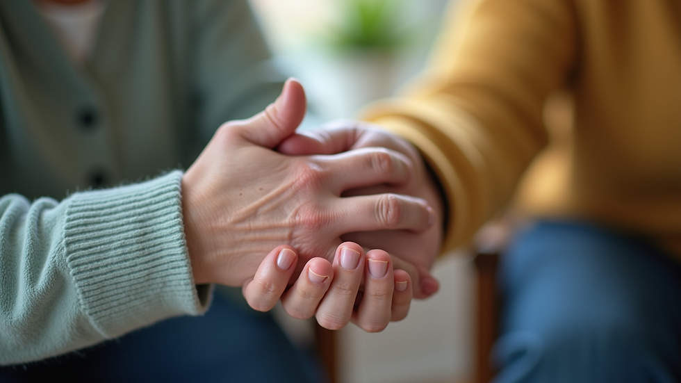 Close-up view of a caregiver’s hand gently holding an elderly person’s hand