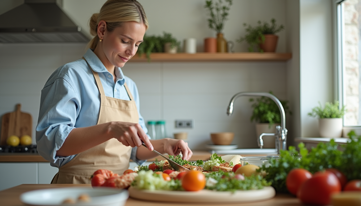 Close-up view of a caregiver preparing a colorful, heart-healthy meal in a senior’s kitchen