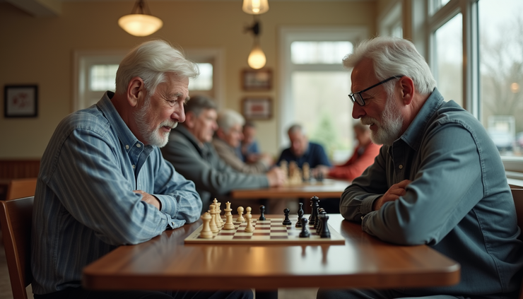 High angle view of a senior man playing chess in a community center