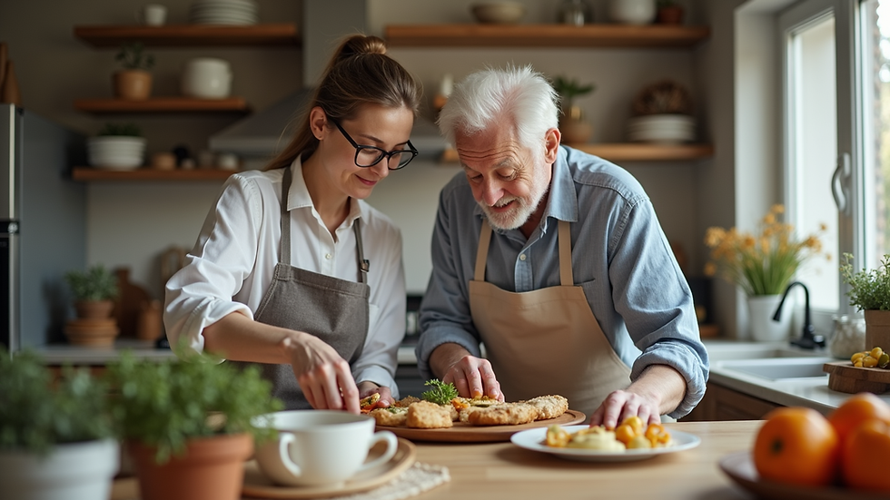 Eye-level view of a caregiver assisting a senior with meal preparation in a cozy kitchen