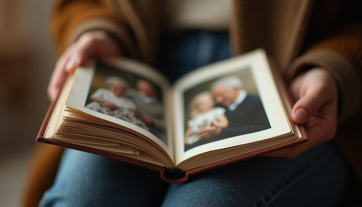 Close-up view of a senior’s hands holding a photo album