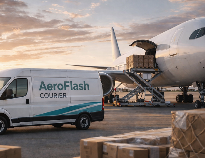 Veículo da AeroFlash ao lado de aeronave durante operação de transporte aéreo de cargas corporativas.