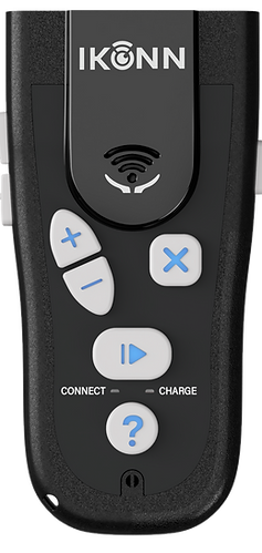 The IKONN Controller from the front. It is a black, plastic product that has tactile buttons and fits on the palm of your hand.