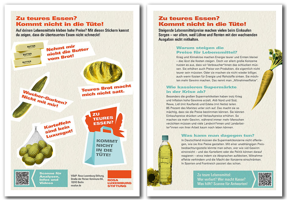A5-Flyer mit Informationen zur Steigerung von Lebensmittelpreisen, Gründen und Lösungen. Auf der Vorderseiter sind Lebensmittel-Aufkleber zum Abziehen.
