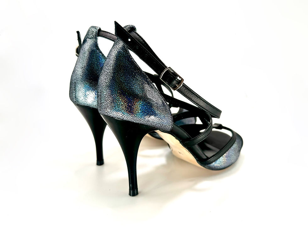 Thumbnail: Size 39 Blue Rainbow Metallic And Black LeatherT Double Strap Peep Toe 8cm Heel 