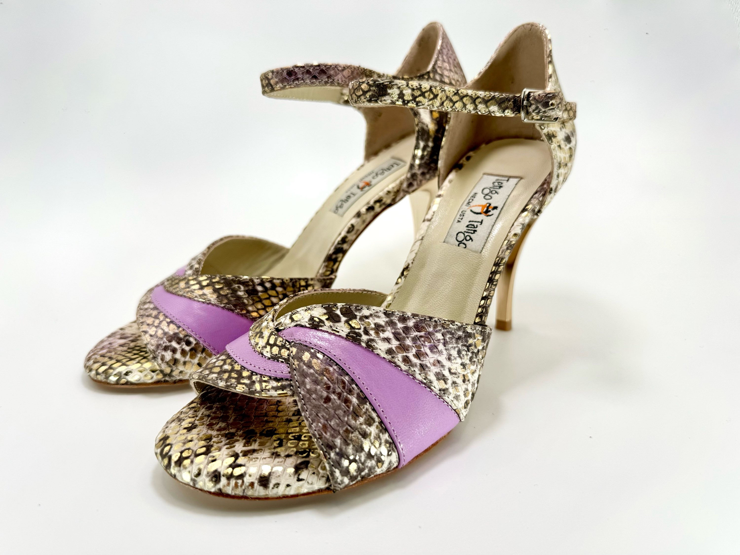 Size 37 Scroll Front Gold Fleck Python and Pink  8cm Heel 