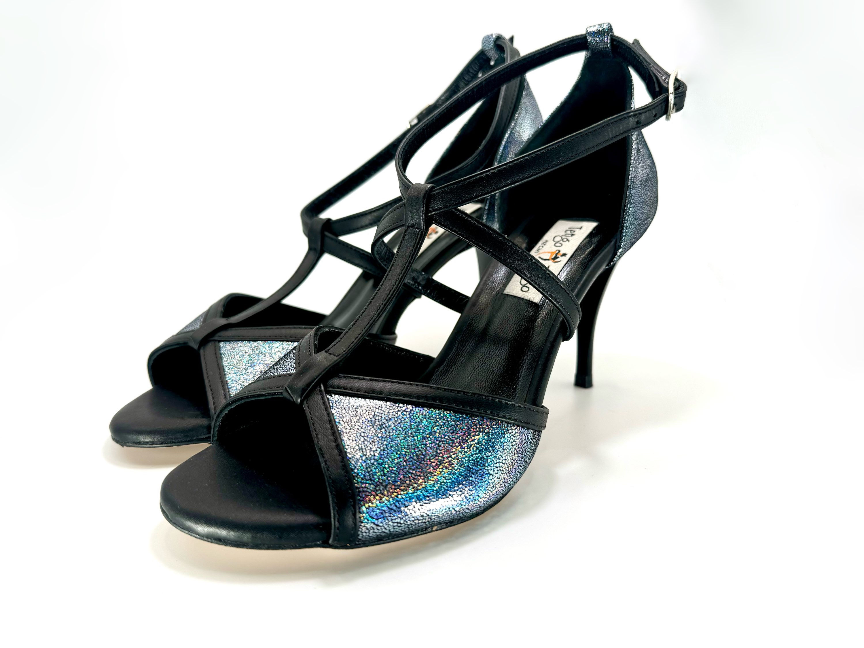 Size 39 Blue Rainbow Metallic And Black LeatherT Double Strap Peep Toe 8cm Heel