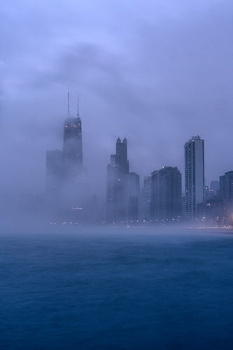 Chicago, Illinois, Skyline, windy city, rain, fog, sky, Lake Michigan