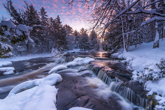 Bond Falls, waterfall, Michigan Upper Peninsula, winter, snow, frozen, ice, sunrise, clouds