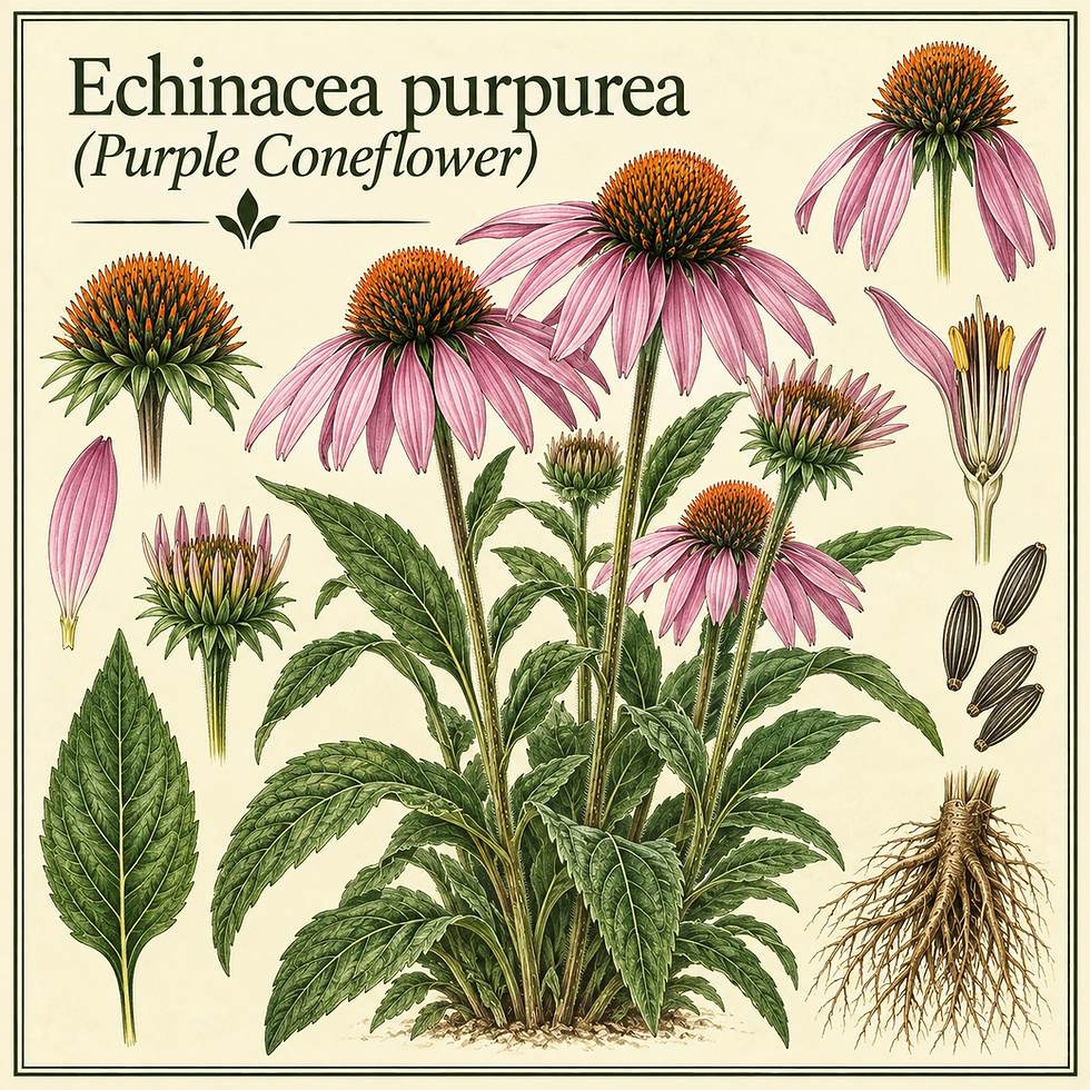 Botanical illustration of Echinacea purpurea or Purple Coneflower