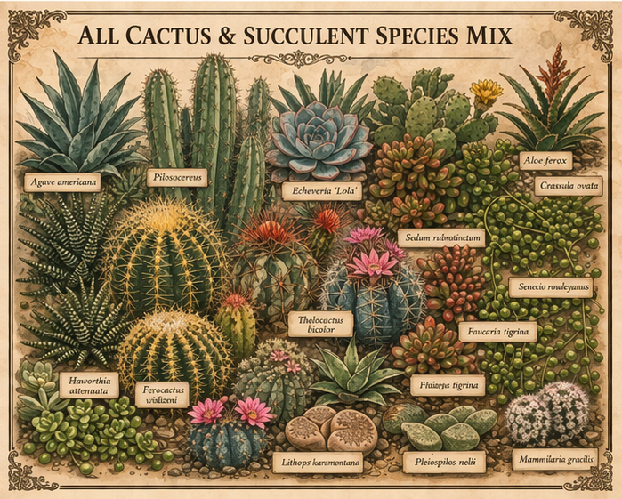 All Cactus & Succulent Species Mix botanical illustration