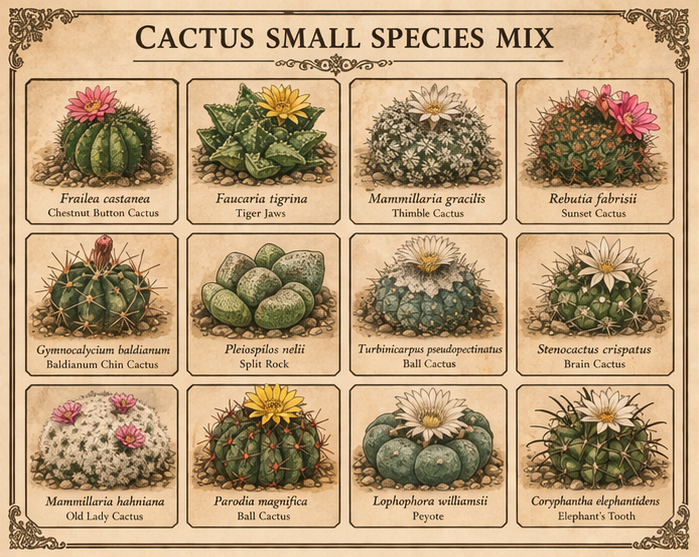 Vintage-style botanical chart of Cactus Small Species Mix.
