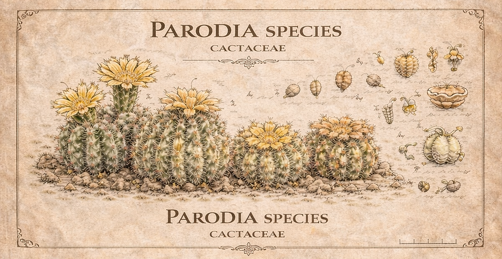 Botanical illustration of Parodia species Cactaceae