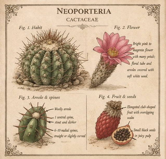 Botanical illustration of Neoporteria species and flower.