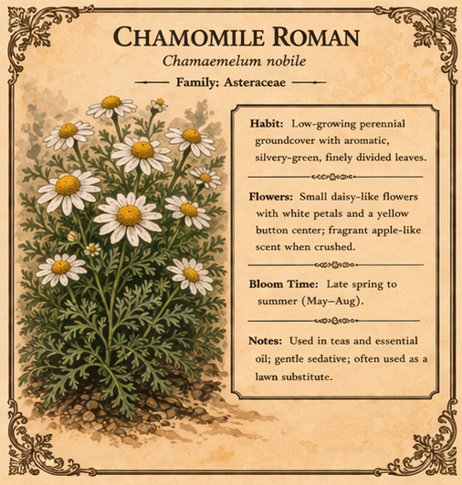 Profile of Roman Chamomile with botanical details.