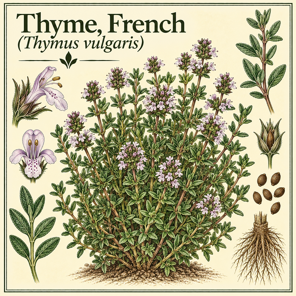 Botanical illustration of French Thyme (Thymus vulgaris)