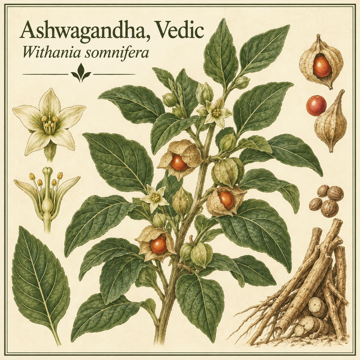 Botanical illustration of Ashwagandha, Vedic plant with roots