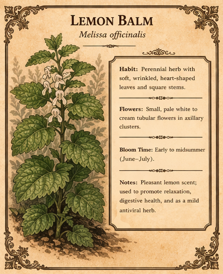 Vintage botanical illustration and facts for Lemon Balm.