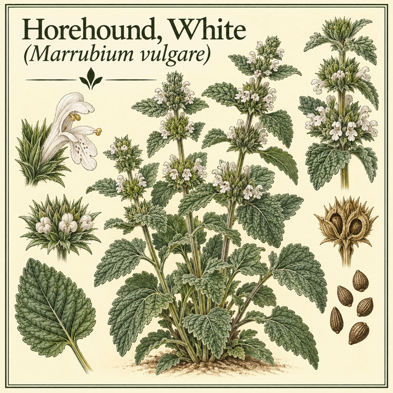 Botanical illustration of White Horehound (Marrubium vulgare)