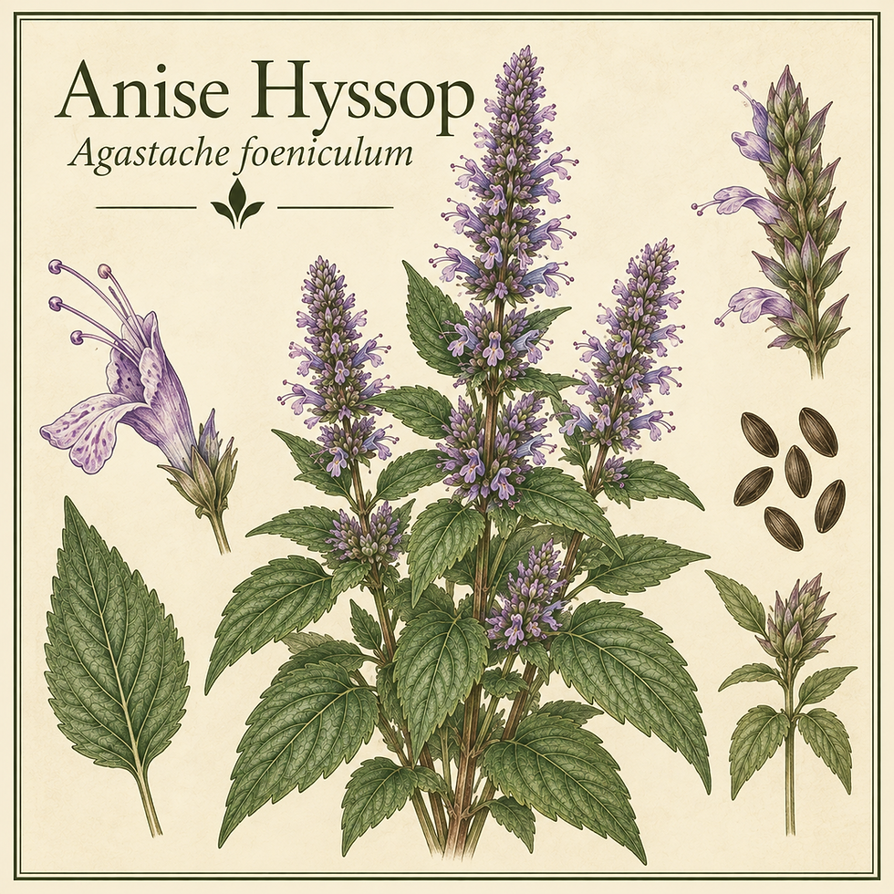 Anise Hyssop botanical illustration with seeds and leaves